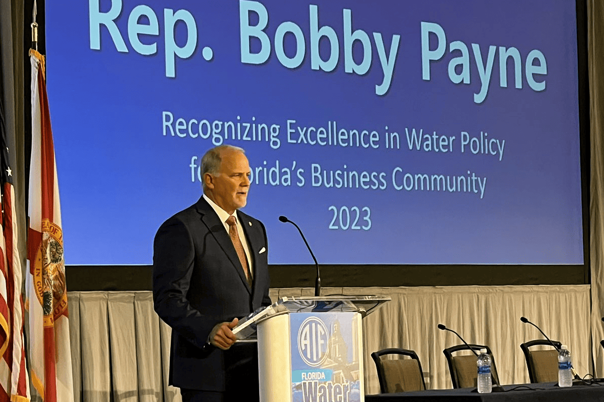 Associated Industries of Florida establishes the Adam Putman Lifetime Achievement Award for Excellence in Water Policy, and presents it to Rep. Bobby Payne, R-Palatka, at the 2023 Florida Water Forum in Tampa, Fla., Nov. 2, 2023. (Photo/Associated Industries of Florida)