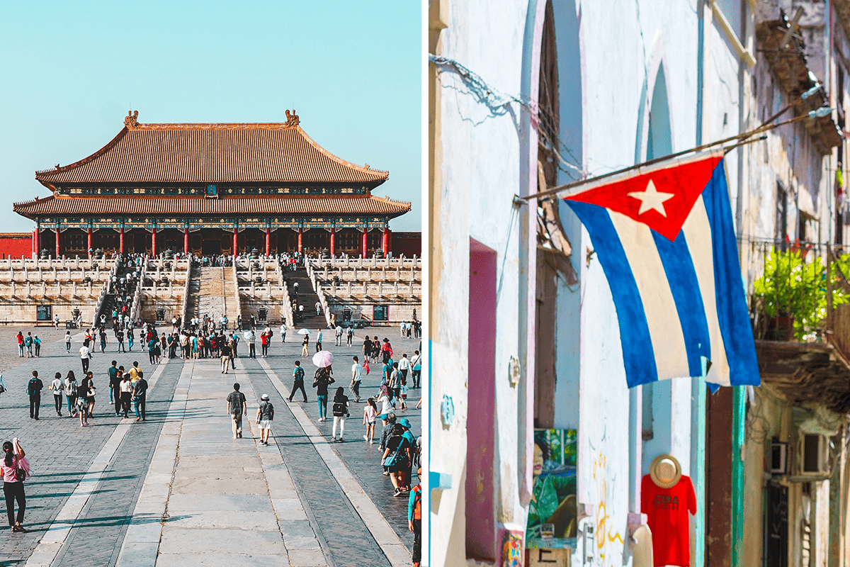 The Forbidden City in China, and a Cuban flag. (Photos/Ling Tang, Unsplash; Alexander Kunze, Unsplash)