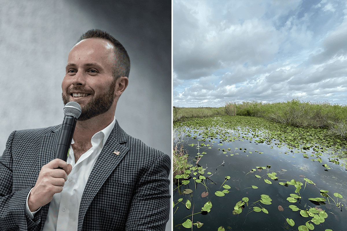 Florida's Voice CEO Brendon Leslie, and the <a href=https://www.flickr.com/photos/52450054@N04/49435585326>Florida Everglades.</a> (Photos/Florida's Voice; Judy Gallagher, Flickr)
