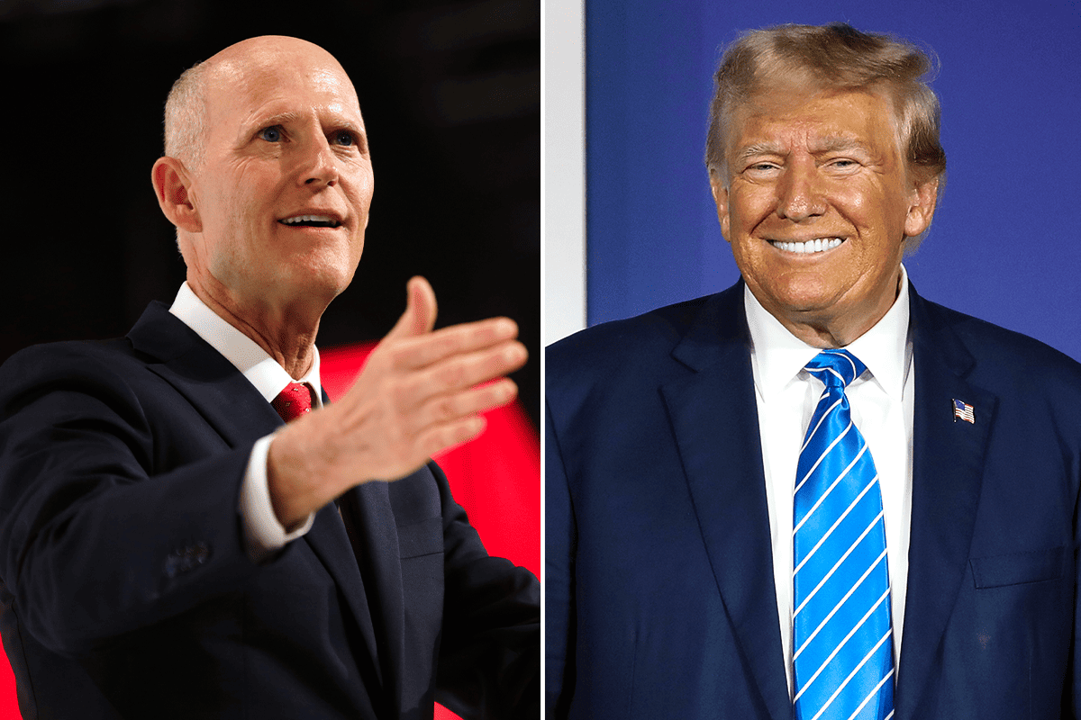 <a href=https://www.flickr.com/photos/gageskidmore/51326296466>U.S. Sen. Rick Scott, R-Fla.,</a> and <a href=https://www.flickr.com/photos/gageskidmore/53299658788>former President Donald Trump.</a> (Photos/Gage Skidmore, Flickr)