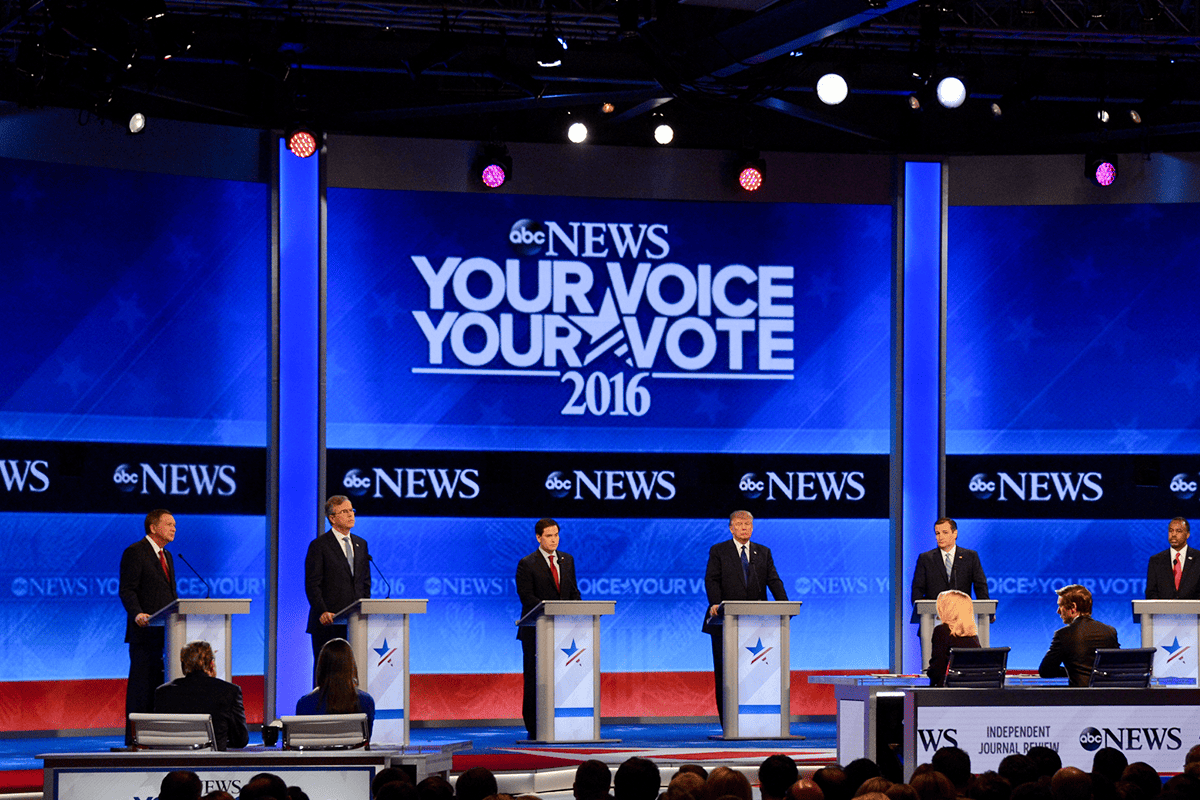 <a hrehttps://www.flickr.com/photos/disneyabc/24863443785>ABC News' David Muir and Martha Raddatz host the Republican Debate from St. Anselm College in Manchester, NH, aired Feb. 6, 2015.</a> (Photo/Walt Disney Television, Flickr)