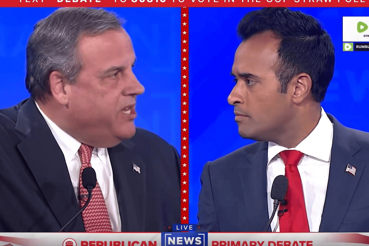 Former New Jersey Gov. Chris Christie spats with businessman Vivek Ramaswamy during the fourth Republican presidential primary debate in Tuscaloosa, Ala., Dec. 6, 2023. (Video/NewsNation via GOP on Rumble)