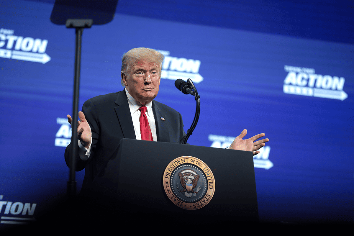 <a href=https://www.flickr.com/photos/gageskidmore/50043111327>Former President Donald Trump speaking with supporters at an "An Address to Young Americans" event hosted by Students for Trump and Turning Point Action at Dream City Church in Phoenix, Ariz., June 23, 2020.</a> (Photo/Gage Skidmore, Flickr)