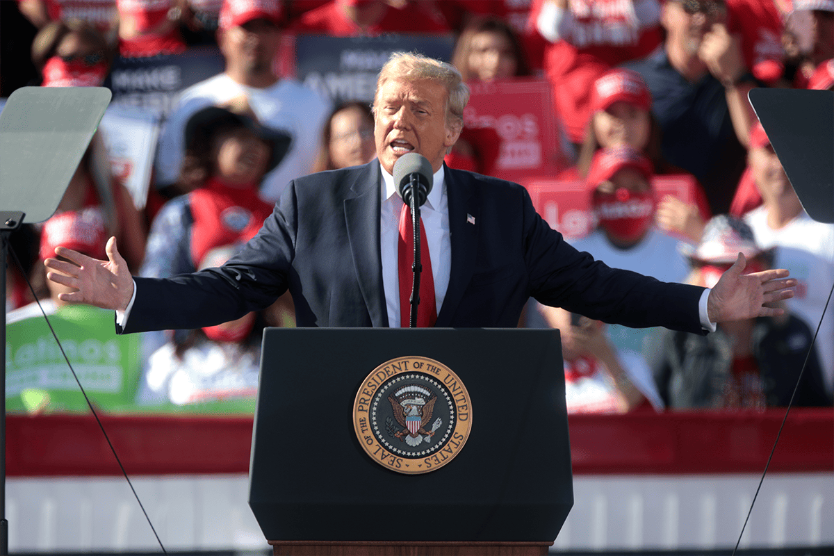 <a href=https://www.flickr.com/photos/gageskidmore/50549139537>Former President Donald Trump speaking with supporters at a "Make America Great Again" campaign rally at Phoenix Goodyear Airport in Goodyear, Ariz., Oct. 28, 2020.</a> (Photo/Gage Skidmore, Flickr)