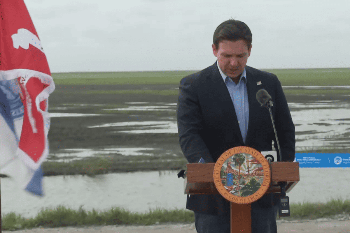 Gov. Ron DeSantis at ribbon ceremony for Everglades Agricultural Area Stormwater Treatment Area cell, Palm Beach County, Fla., Jan. 25, 2024. (Video/DeSantis' office)