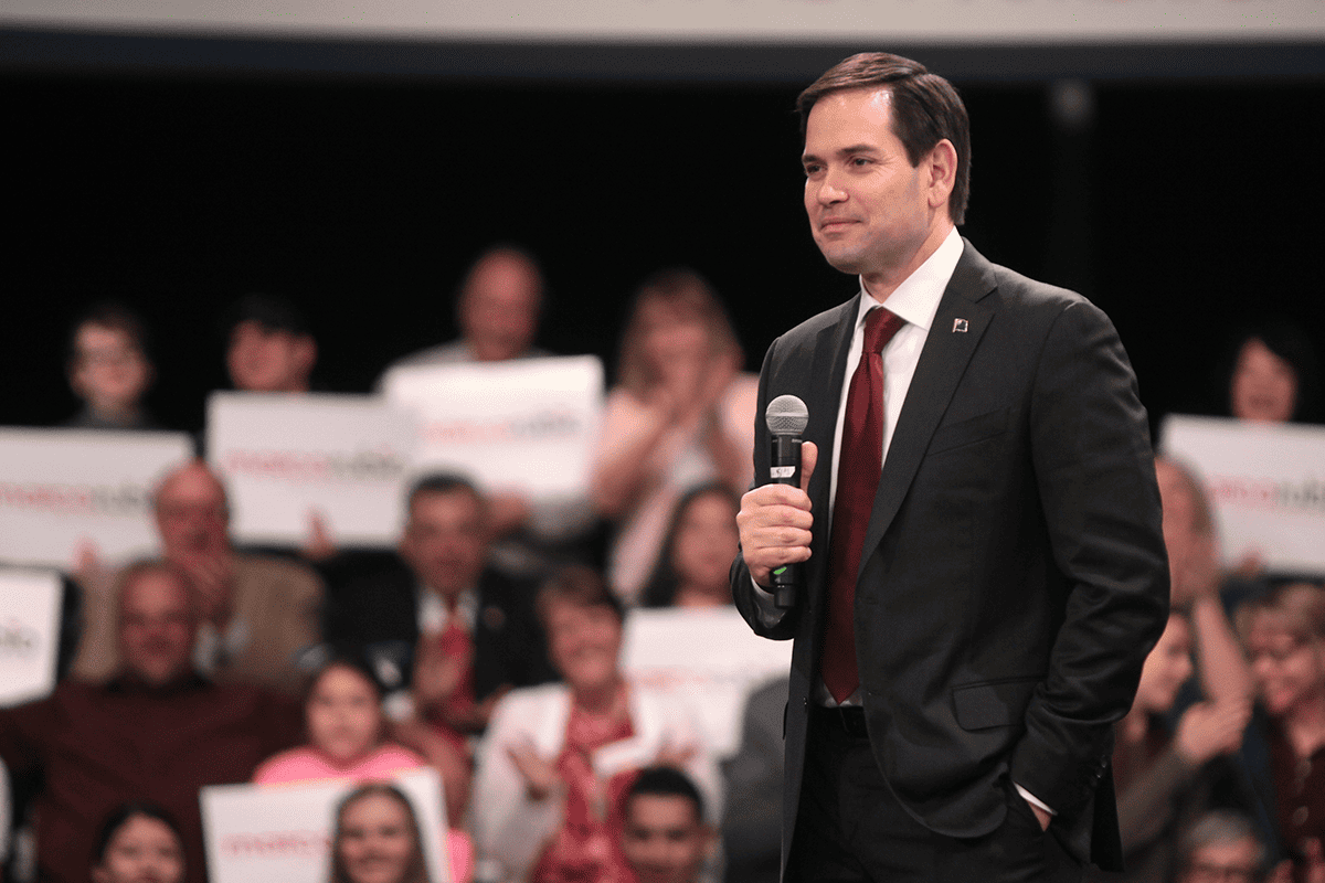 <a href=https://www.flickr.com/photos/gageskidmore/24893050849>U.S. Sen. Marco Rubio, R-Fla., speaking with supporters at a campaign rally at the Silverton Hotel & Casino in Las Vegas, Nev., Feb. 23, 2016.</a> (Photo/Gage Skidmore, Flickr)