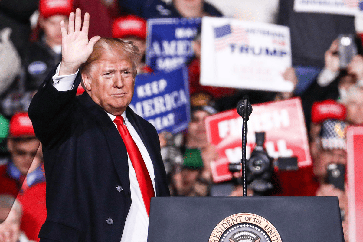 <a hrehttps://www.flickr.com/photos/iip-photo-archive/50517372732/in/album-72157676640027763/>Then-President Donald Trump at a Make America Great Again rally in Mosinee, Wis., Oct. 24, 2018.</a> (Photo/GPA Photo Archive)