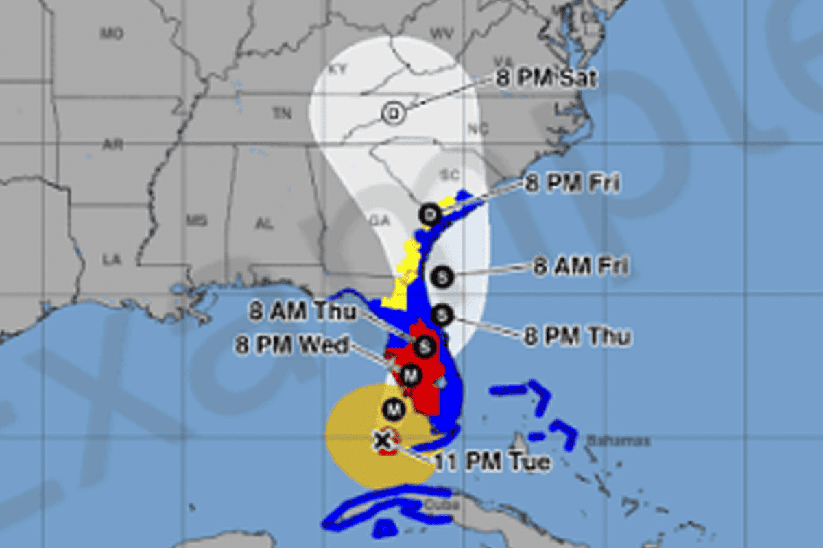 Example experimental forecast cone for Hurricane Ian. Notably, inland wind advisories take a strong precedence over the track of the storm's eye, which authorities hope will help residents better understand the risks to their area. (Image/National Hurricane Center)