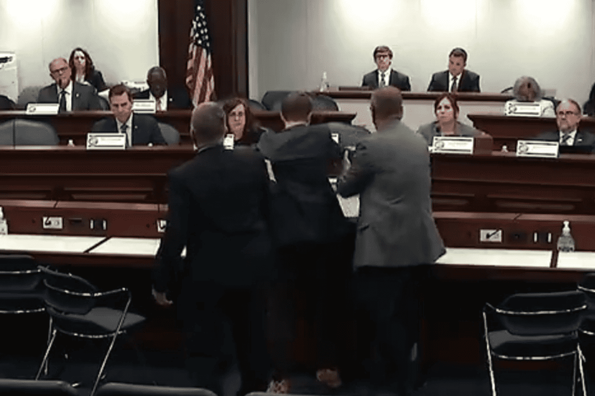Man escorted out of Florida House of Representatives committee meeting, Tallahassee, Fla., Feb. 21, 2024. (Video/The Florida Channel)