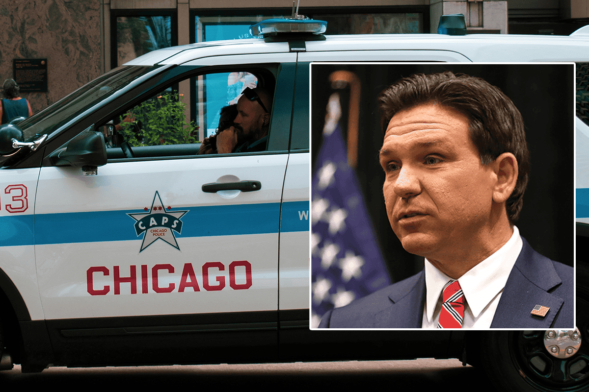 <a href=https://www.flickr.com/photos/gageskidmore/53455012399>Gov. Ron DeSantis</a> and a Chicago police car. (Photos/Gage Skidmore, Flickr; Nikhil Mistry, Unsplash)