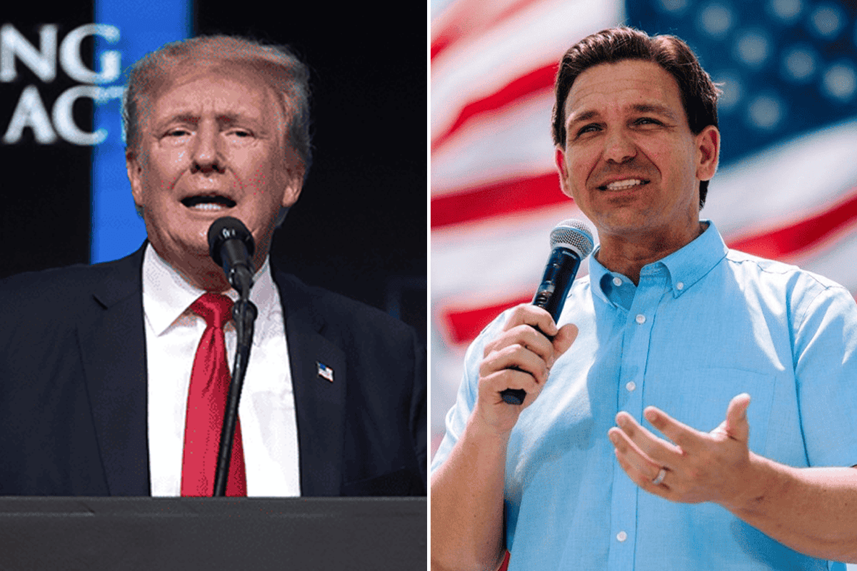 <a href=https://www.flickr.com/photos/gageskidmore/51335302631>Former President Donald Trump</a> and Gov. Ron DeSantis. (Photos/Gage Skidmore, Flickr; Team DeSantis)