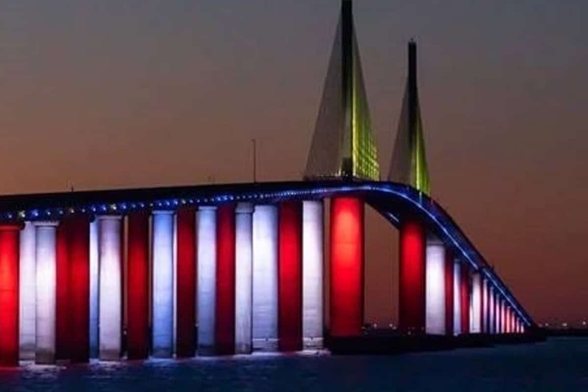 <a href=https://twitter.com/FDOT_Secretary/status/1790887918703366556/photo/1>Tampa Sunshine Skyway Bridge lit up red, white and blue, Tampa, Fla.</a> (Photo/FDOT Secretary Jared Perdue, X)