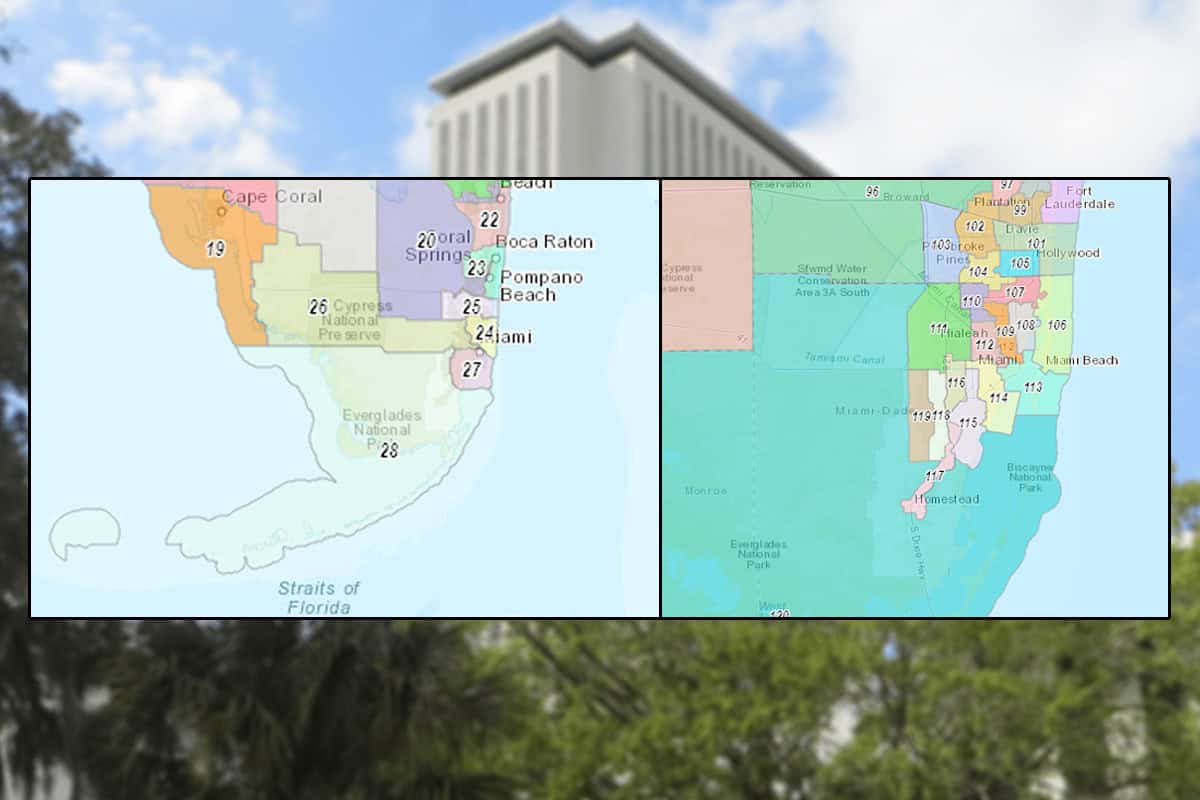 Florida's 2022 redistricting maps, and the Florida Capitol. (Photos/Florida House Redistricting Committee; David Wilson)