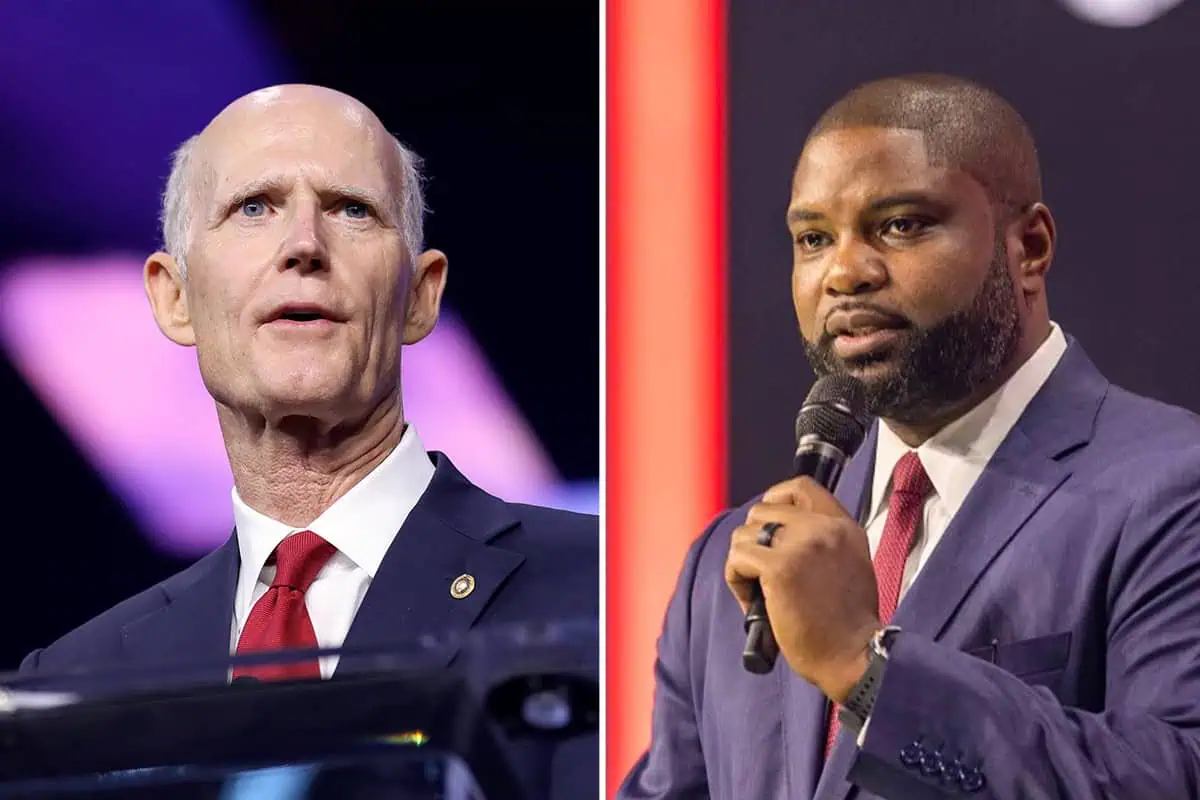 <a href=https://www.flickr.com/photos/gageskidmore/53808954538>Sen. Rick Scott</a> and Rep. Byron Donalds. (Photos/Gage Skidmore, Flickr; Donalds)